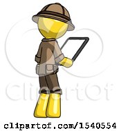 Poster, Art Print Of Yellow Explorer Ranger Man Looking At Tablet Device Computer Facing Away