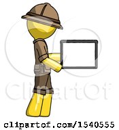 Poster, Art Print Of Yellow Explorer Ranger Man Show Tablet Device Computer To Viewer Blank Area