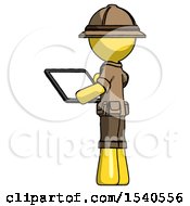 Poster, Art Print Of Yellow Explorer Ranger Man Looking At Tablet Device Computer With Back To Viewer