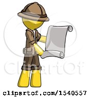 Poster, Art Print Of Yellow Explorer Ranger Man Holding Blueprints Or Scroll