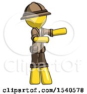 Yellow Explorer Ranger Man Presenting Something To His Left