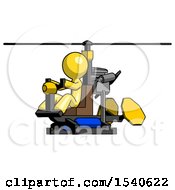 Yellow Design Mascot Man Flying In Gyrocopter Front Side Angle View