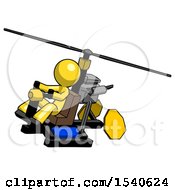 Yellow Design Mascot Man Flying In Gyrocopter Front Side Angle Top View