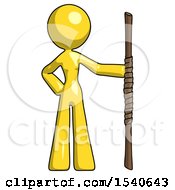 Yellow Design Mascot Woman Holding Staff Or Bo Staff