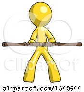 Yellow Design Mascot Man Bo Staff Kung Fu Defense Pose