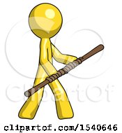 Poster, Art Print Of Yellow Design Mascot Man Holding Bo Staff In Sideways Defense Pose