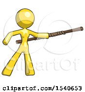 Yellow Design Mascot Woman Bo Staff Pointing Right Kung Fu Pose