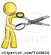 Yellow Design Mascot Man Holding Giant Scissors Cutting Out Something