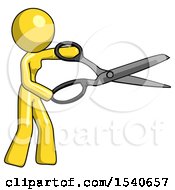 Yellow Design Mascot Woman Holding Giant Scissors Cutting Out Something