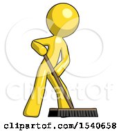 Yellow Design Mascot Man Cleaning Services Janitor Sweeping Floor With Push Broom