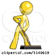 Poster, Art Print Of Yellow Design Mascot Woman Cleaning Services Janitor Sweeping Floor With Push Broom