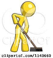 Yellow Design Mascot Man Cleaning Services Janitor Sweeping Side View