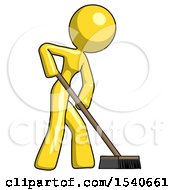 Poster, Art Print Of Yellow Design Mascot Woman Cleaning Services Janitor Sweeping Side View