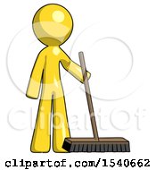 Yellow Design Mascot Man Standing With Industrial Broom