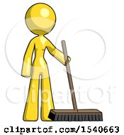 Yellow Design Mascot Woman Standing With Industrial Broom