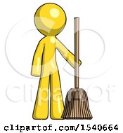 Yellow Design Mascot Man Standing With Broom Cleaning Services