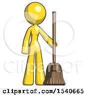 Yellow Design Mascot Woman Standing With Broom Cleaning Services