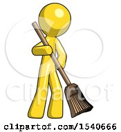 Yellow Design Mascot Man Sweeping Area With Broom