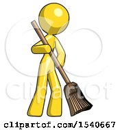 Yellow Design Mascot Woman Sweeping Area With Broom