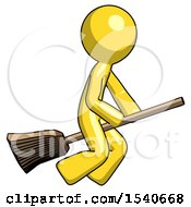 Yellow Design Mascot Man Flying On Broom