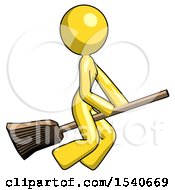 Yellow Design Mascot Woman Flying On Broom