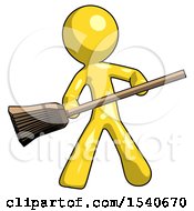 Yellow Design Mascot Man Broom Fighter Defense Pose