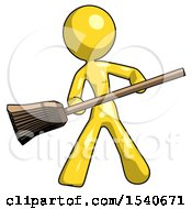 Yellow Design Mascot Woman Broom Fighter Defense Pose