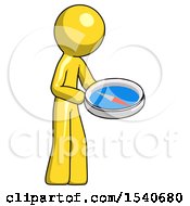 Poster, Art Print Of Yellow Design Mascot Man Looking At Large Compass Facing Right