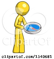 Poster, Art Print Of Yellow Design Mascot Woman Looking At Large Compass Facing Right