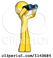 Yellow Design Mascot Man Looking Through Binoculars To The Right