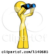 Yellow Design Mascot Woman Looking Through Binoculars To The Right