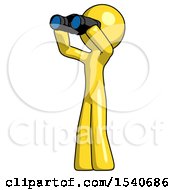 Yellow Design Mascot Man Looking Through Binoculars To The Left