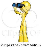 Yellow Design Mascot Woman Looking Through Binoculars To The Left