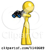 Yellow Design Mascot Woman Holding Binoculars Ready To Look Left
