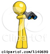 Yellow Design Mascot Man Holding Binoculars Ready To Look Right