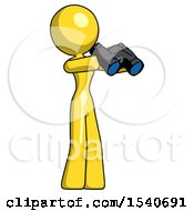 Yellow Design Mascot Woman Holding Binoculars Ready To Look Right