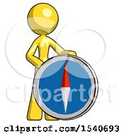 Poster, Art Print Of Yellow Design Mascot Woman Standing Beside Large Compass