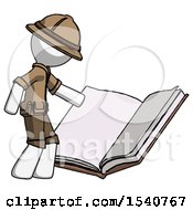White Explorer Ranger Man Reading Big Book While Standing Beside It