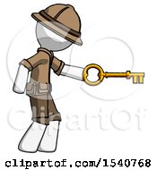 White Explorer Ranger Man With Big Key Of Gold Opening Something