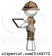 Poster, Art Print Of White Explorer Ranger Man Looking At Tablet Device Computer With Back To Viewer