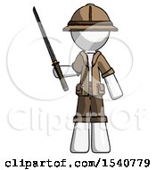 Poster, Art Print Of White Explorer Ranger Man Standing Up With Ninja Sword Katana