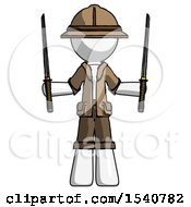 Poster, Art Print Of White Explorer Ranger Man Posing With Two Ninja Sword Katanas Up