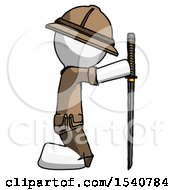 Poster, Art Print Of White Explorer Ranger Man Kneeling With Ninja Sword Katana Showing Respect