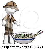 Poster, Art Print Of White Explorer Ranger Man And Noodle Bowl Giant Soup Restaraunt Concept