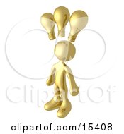 Smart And Creative Gold Man With 3 Lightbulbs Symbolizing Ideas Above His Head Clipart Illustration Image