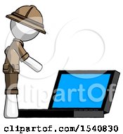 Poster, Art Print Of White Explorer Ranger Man Using Large Laptop Computer Side Orthographic View