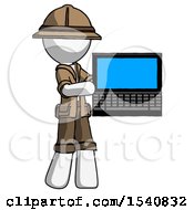White Explorer Ranger Man Holding Laptop Computer Presenting Something On Screen