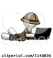 Poster, Art Print Of White Explorer Ranger Man Using Laptop Computer While Lying On Floor Side Angled View