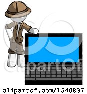 Poster, Art Print Of White Explorer Ranger Man Beside Large Laptop Computer Leaning Against It