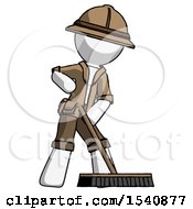 Poster, Art Print Of White Explorer Ranger Man Cleaning Services Janitor Sweeping Floor With Push Broom